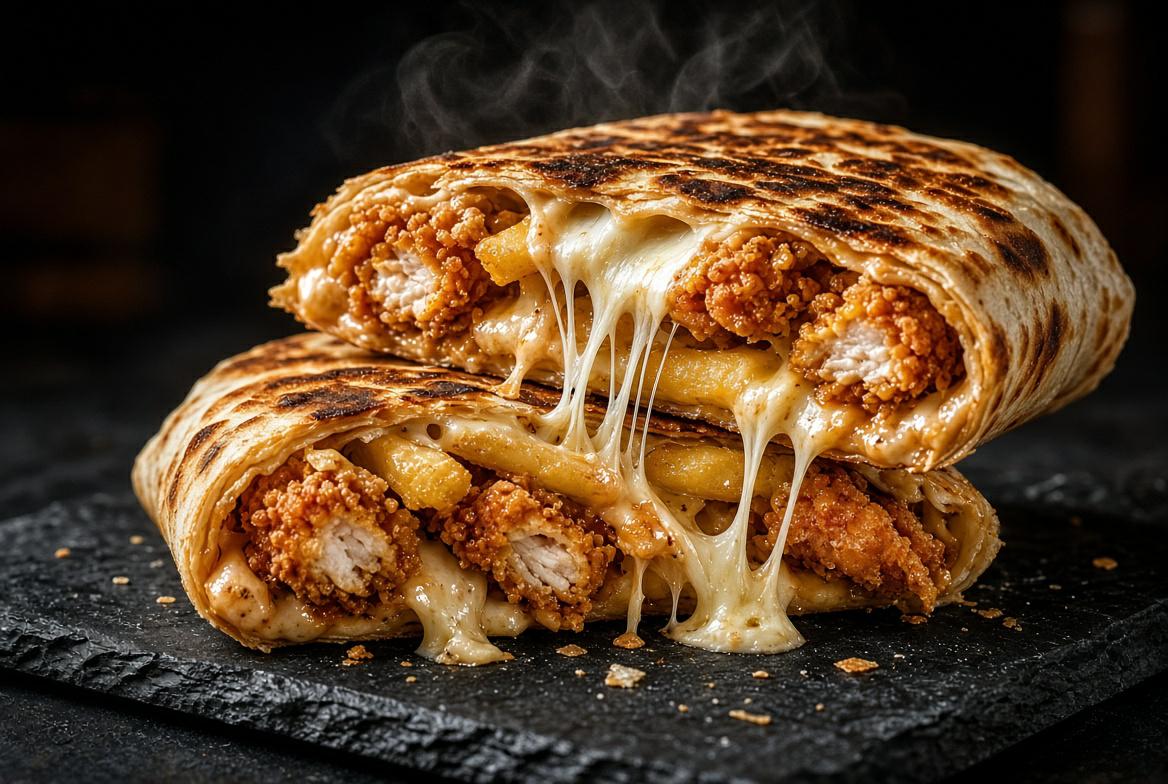 French tacos cut open, cheese sauce pulling